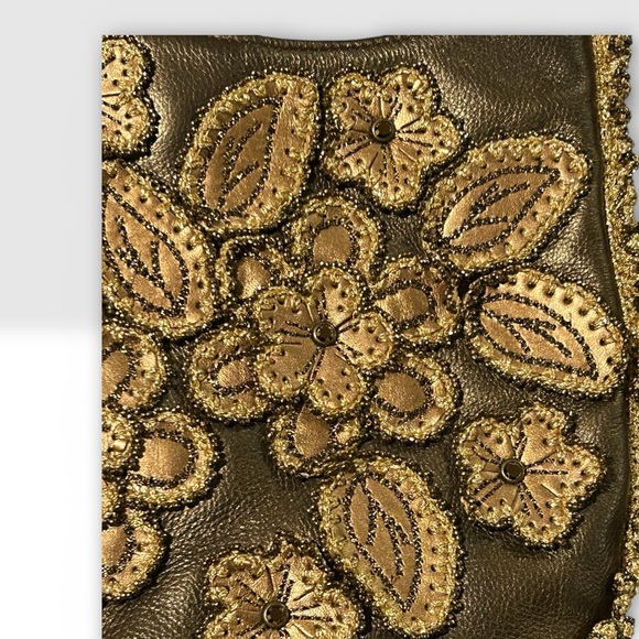 Vintage Rare Isabella Fiore Gold Leather Satchel Shoulder Bag  with Beaded Trim - Picture 3 of 7